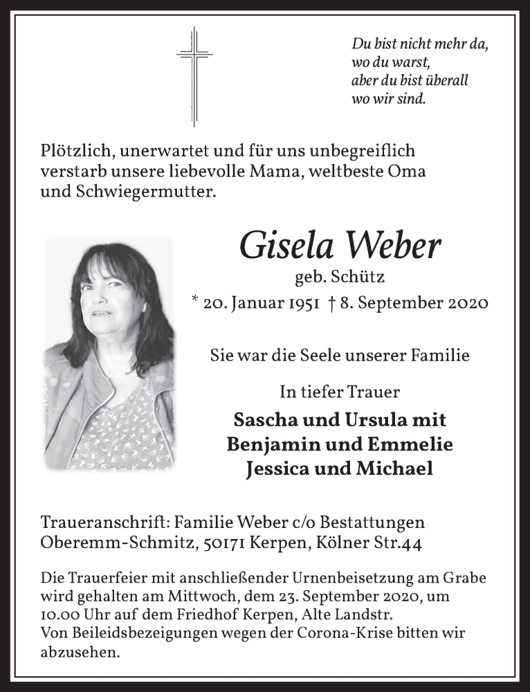  Traueranzeige für Gisela Weber vom 18.09.2020 aus  Werbepost 