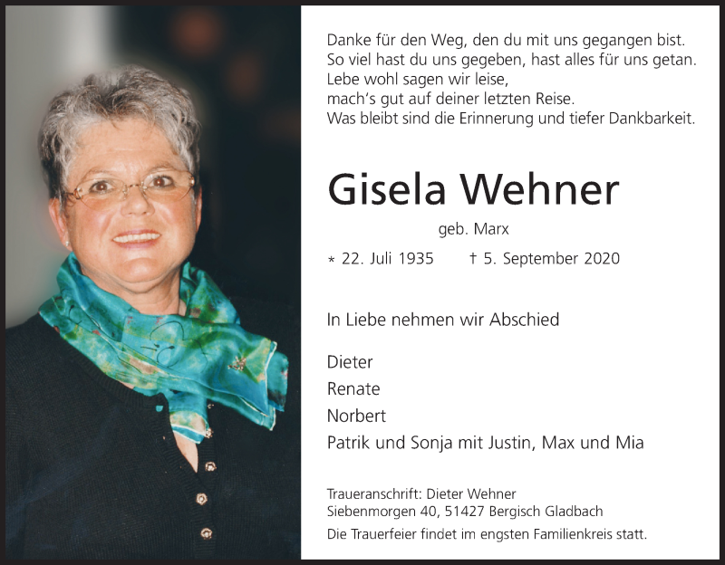  Traueranzeige für Gisela Wehner vom 19.09.2020 aus Kölner Stadt-Anzeiger / Kölnische Rundschau / Express