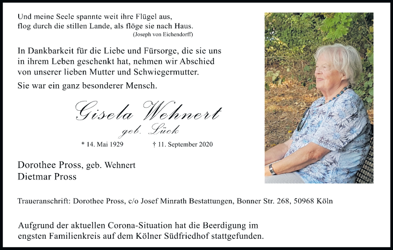  Traueranzeige für Gisela Wehnert vom 19.09.2020 aus Kölner Stadt-Anzeiger / Kölnische Rundschau / Express