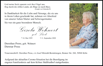 Anzeige von Gisela Wehnert von Kölner Stadt-Anzeiger / Kölnische Rundschau / Express