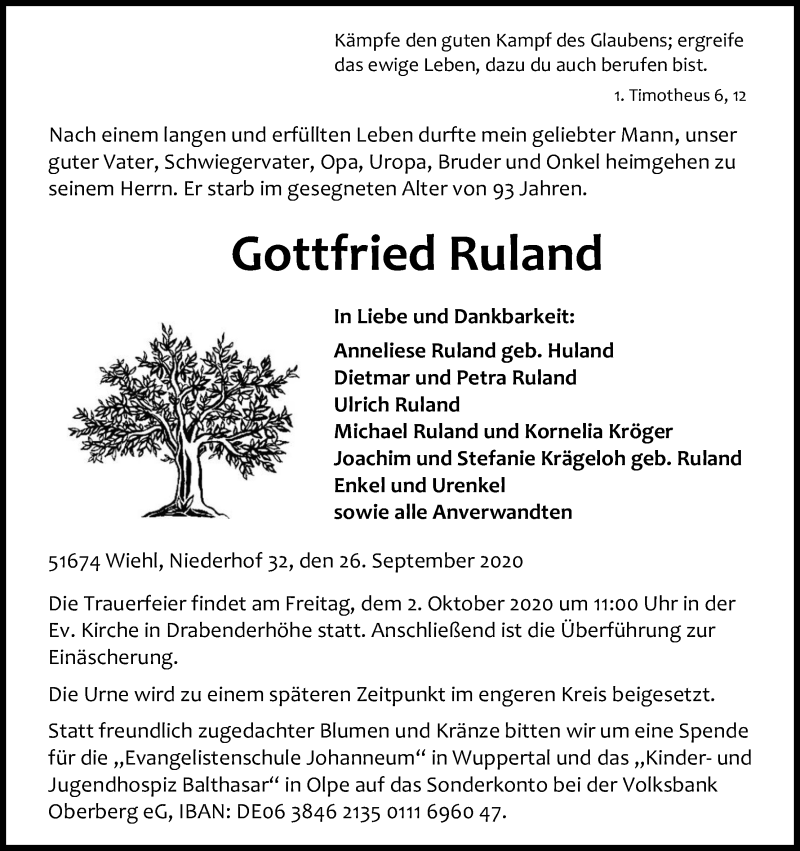  Traueranzeige für Gottfried Ruland vom 29.09.2020 aus Kölner Stadt-Anzeiger / Kölnische Rundschau / Express