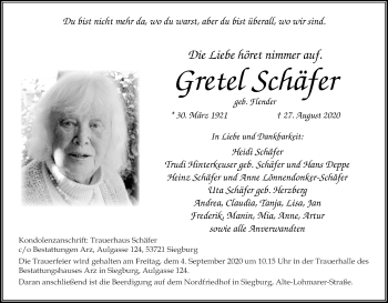 Anzeige von Gretel Schäfer von Kölner Stadt-Anzeiger / Kölnische Rundschau / Express