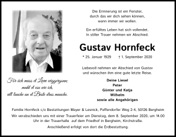 Anzeige von Gustav Hornfeck von Kölner Stadt-Anzeiger / Kölnische Rundschau / Express