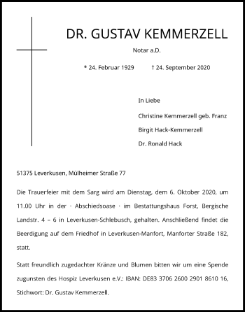 Anzeige von Gustav Kemmerzell von Kölner Stadt-Anzeiger / Kölnische Rundschau / Express