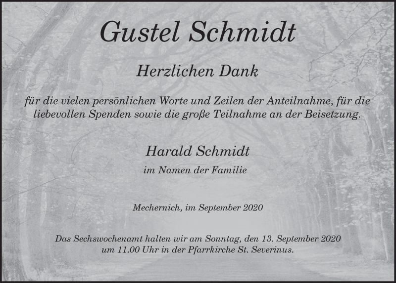  Traueranzeige für Gustel Schmidt vom 05.09.2020 aus  Blickpunkt Euskirchen 