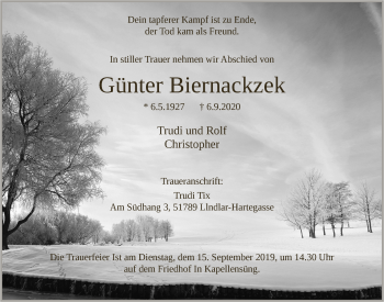 Anzeige von Günter Biernackzek von  Anzeigen Echo 