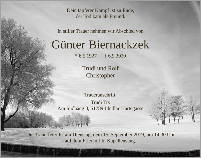  Traueranzeige für Günter Biernackzek vom 11.09.2020 aus  Anzeigen Echo 