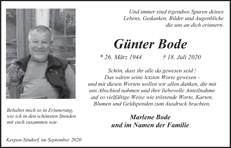  Traueranzeige für Günter Bode vom 11.09.2020 aus  Werbepost 