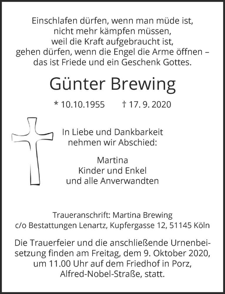  Traueranzeige für Günter Brewing vom 25.09.2020 aus  Kölner Wochenspiegel 
