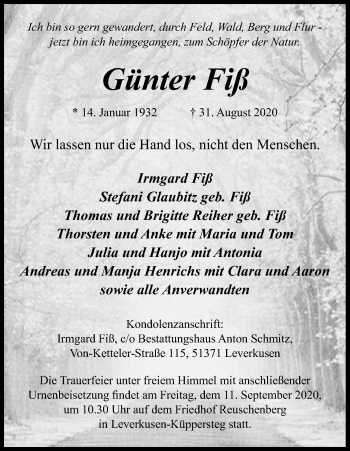 Anzeige von Günter Fiß von Kölner Stadt-Anzeiger / Kölnische Rundschau / Express