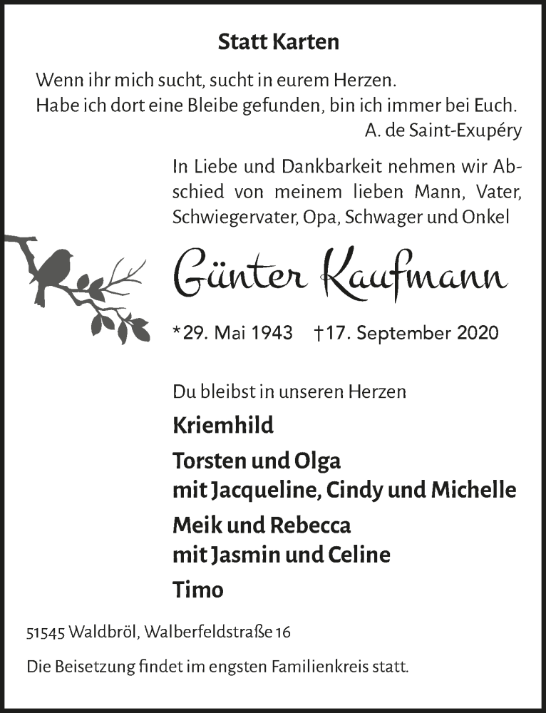  Traueranzeige für Günter Kaufmann vom 25.09.2020 aus  Lokalanzeiger 