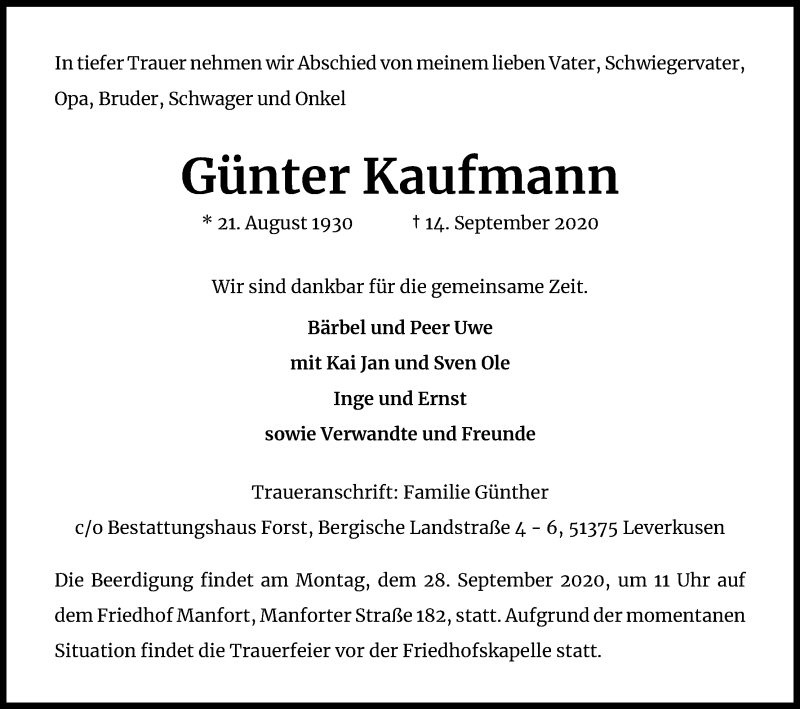  Traueranzeige für Günter Kaufmann vom 19.09.2020 aus Kölner Stadt-Anzeiger / Kölnische Rundschau / Express