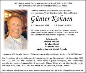 Anzeige von Günter Kohnen von Kölner Stadt-Anzeiger / Kölnische Rundschau / Express