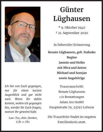 Anzeige von Günter Lüghausen von Kölner Stadt-Anzeiger / Kölnische Rundschau / Express