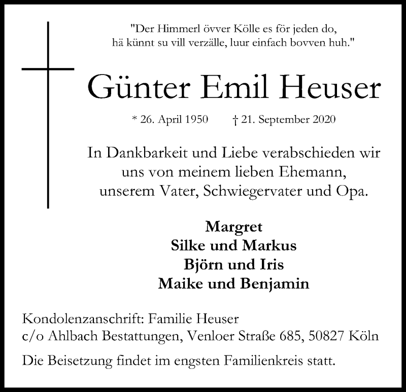 Traueranzeige für Günter Emil Heuser vom 26.09.2020 aus Kölner Stadt-Anzeiger / Kölnische Rundschau / Express