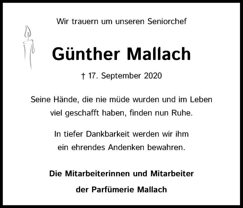  Traueranzeige für Günther Mallach vom 25.09.2020 aus Kölner Stadt-Anzeiger / Kölnische Rundschau / Express