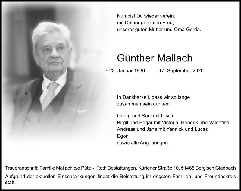  Traueranzeige für Günther Mallach vom 23.09.2020 aus Kölner Stadt-Anzeiger / Kölnische Rundschau / Express