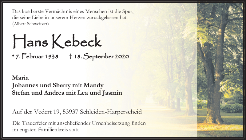  Traueranzeige für HAns Kebeck vom 26.09.2020 aus Kölner Stadt-Anzeiger / Kölnische Rundschau / Express