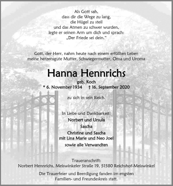 Anzeige von Hanna Hennrichs von  Lokalanzeiger 