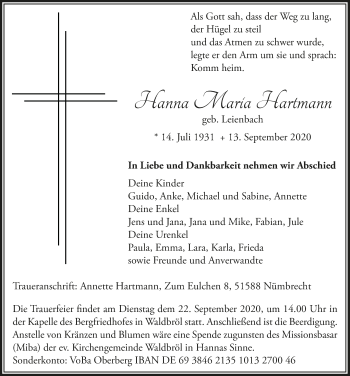 Anzeige von Hanna Maria Hartmann von  Lokalanzeiger 