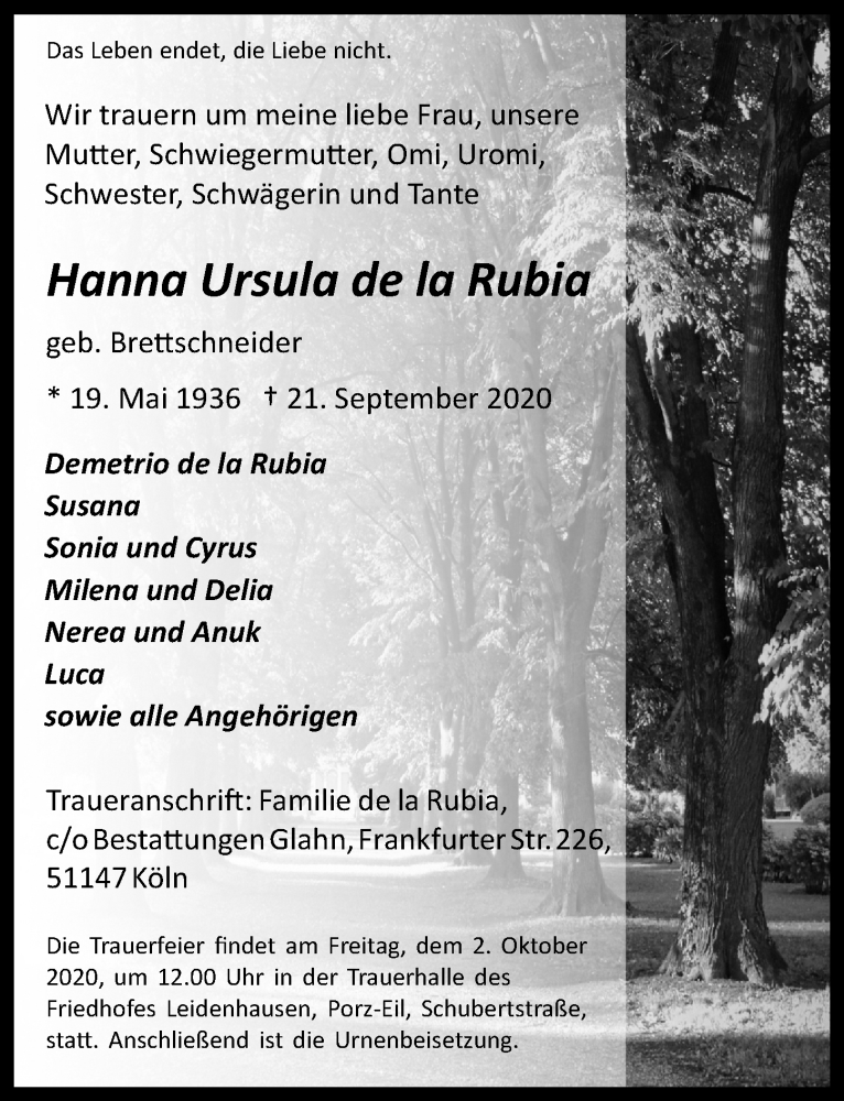  Traueranzeige für Hanna Ursula de la Rubia vom 25.09.2020 aus  Kölner Wochenspiegel 