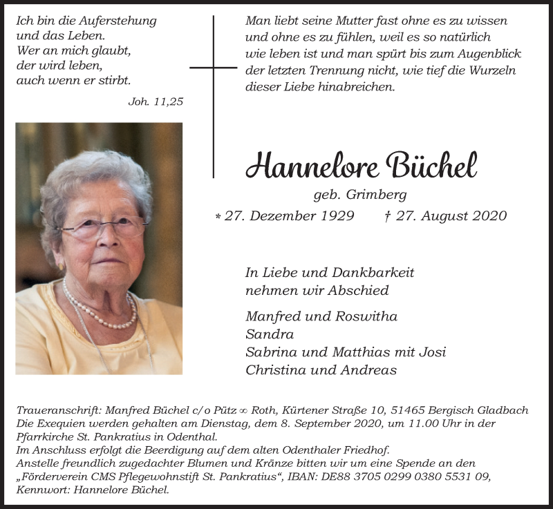  Traueranzeige für Hannelore Büchel vom 05.09.2020 aus Kölner Stadt-Anzeiger / Kölnische Rundschau / Express