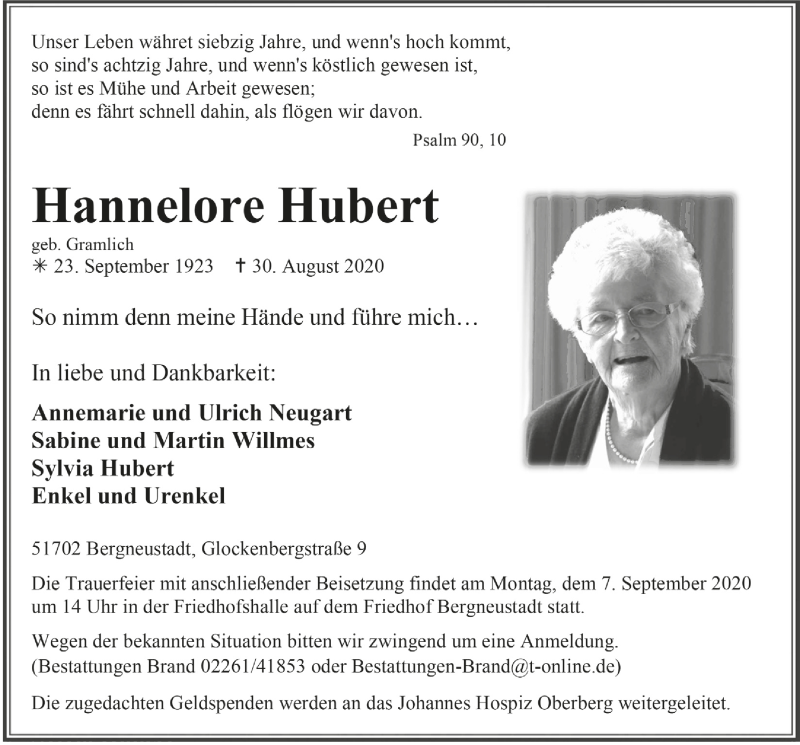  Traueranzeige für Hannelore Hubert vom 04.09.2020 aus  Anzeigen Echo 