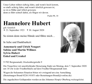 Anzeige von Hannelore Hubert von Kölner Stadt-Anzeiger / Kölnische Rundschau / Express