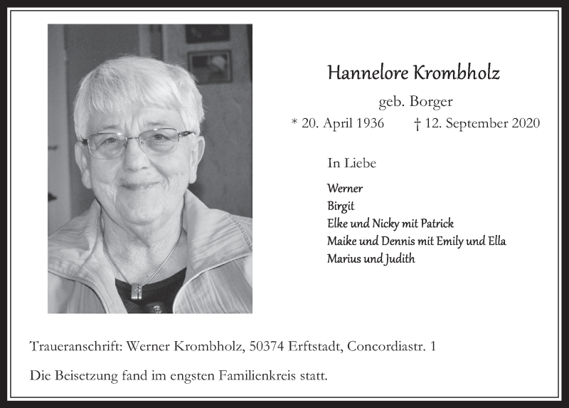  Traueranzeige für Hannelore Krombkolz vom 01.10.2020 aus  Werbepost 