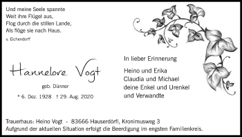 Anzeige von Hannelore Vogt von Kölner Stadt-Anzeiger / Kölnische Rundschau / Express