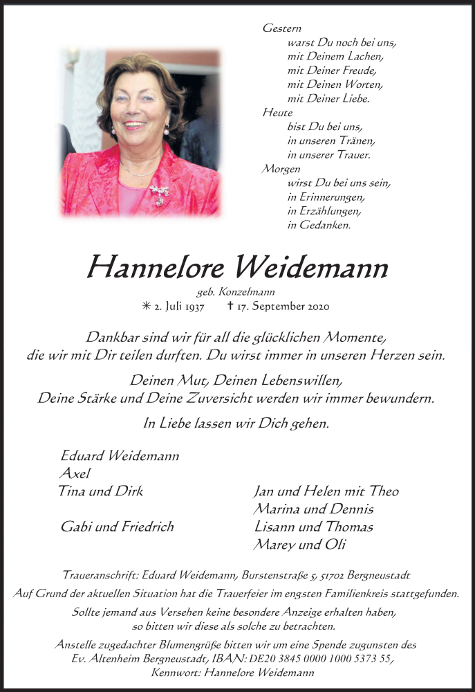  Traueranzeige für Hannelore Weidemann vom 26.09.2020 aus Kölner Stadt-Anzeiger / Kölnische Rundschau / Express