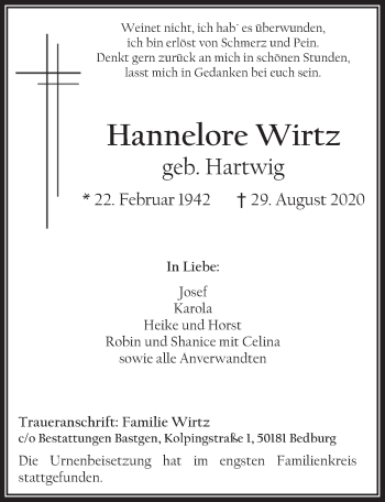 Anzeige von Hannelore Wirtz von  Werbepost 
