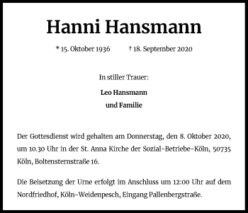 Anzeige von Hanni Hansmann von Kölner Stadt-Anzeiger / Kölnische Rundschau / Express