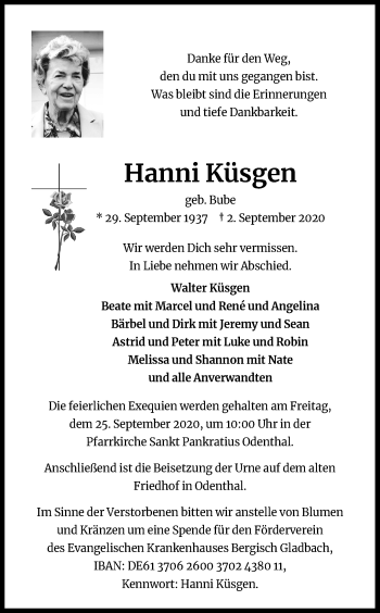 Anzeige von Hanni Küsgen von Kölner Stadt-Anzeiger / Kölnische Rundschau / Express