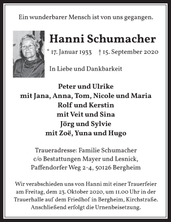Anzeige von Hanni Schumacher von  Werbepost 