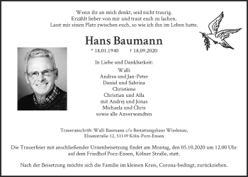 Anzeige von Hans Baumann von  Kölner Wochenspiegel 