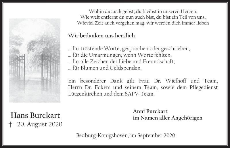  Traueranzeige für Hans Burckart vom 18.09.2020 aus  Werbepost 