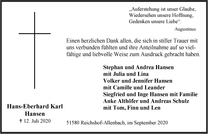  Traueranzeige für Hans-Eberhard Karl Hansen vom 11.09.2020 aus  Anzeigen Echo 