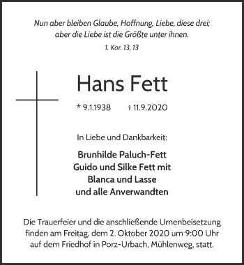 Anzeige von Hans Fett von  Kölner Wochenspiegel 