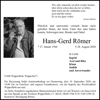 Anzeige von Hans-Gerd Römer von Kölner Stadt-Anzeiger / Kölnische Rundschau / Express