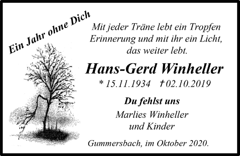  Traueranzeige für Hans-Gerd Winheller vom 01.10.2020 aus  Anzeigen Echo 