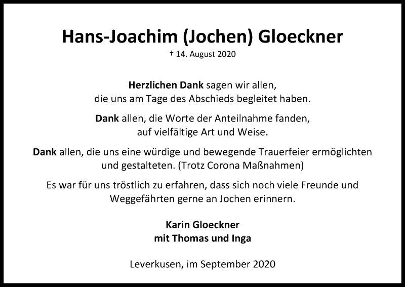  Traueranzeige für Hans-Joachim Gloeckner vom 05.09.2020 aus Kölner Stadt-Anzeiger / Kölnische Rundschau / Express