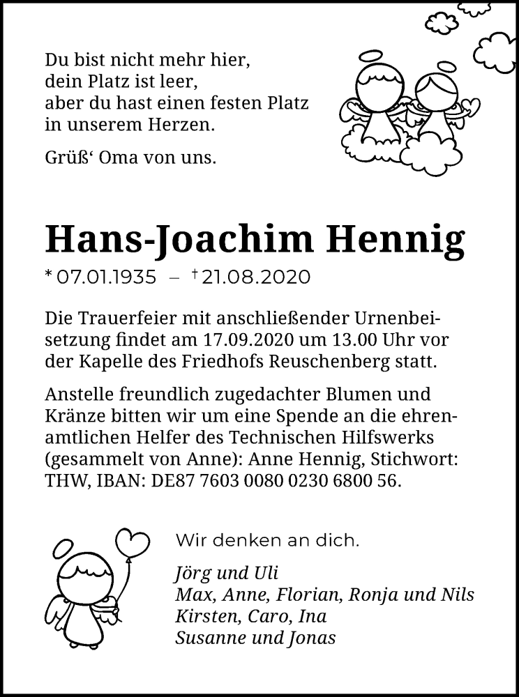  Traueranzeige für Hans-Joachim Hennig vom 05.09.2020 aus Kölner Stadt-Anzeiger / Kölnische Rundschau / Express