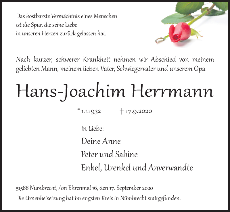  Traueranzeige für Hans-Joachim Herrmann vom 29.09.2020 aus Kölner Stadt-Anzeiger / Kölnische Rundschau / Express