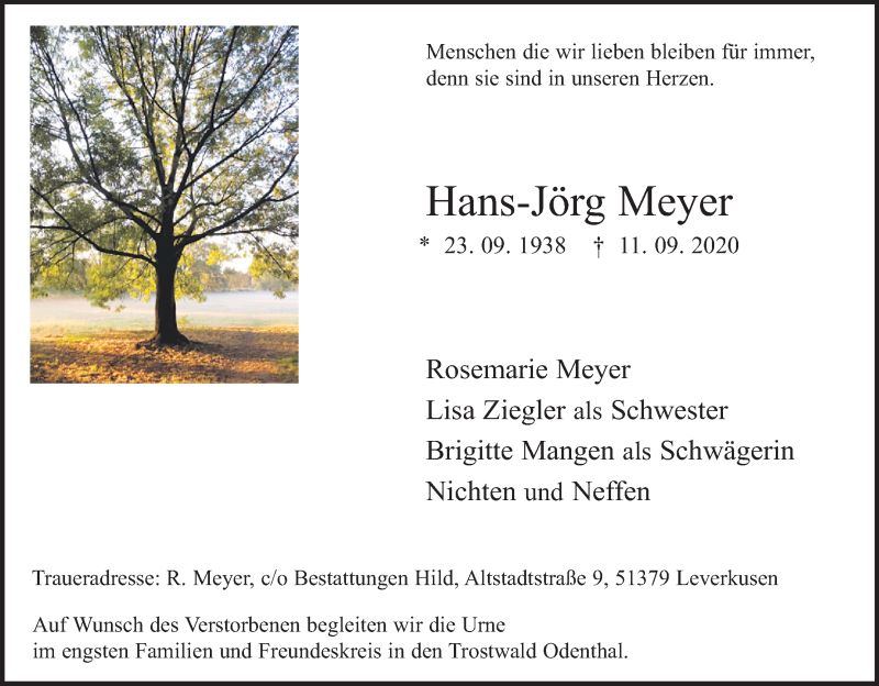 Traueranzeige für Hans-Jörg Meyer vom 19.09.2020 aus Kölner Stadt-Anzeiger / Kölnische Rundschau / Express
