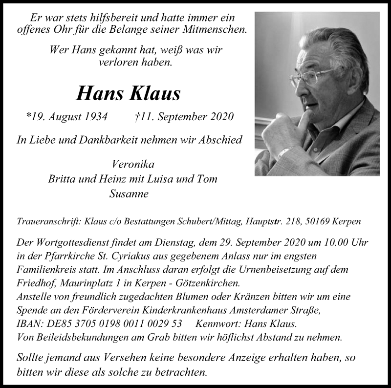  Traueranzeige für Hans Klaus vom 26.09.2020 aus Kölner Stadt-Anzeiger / Kölnische Rundschau / Express