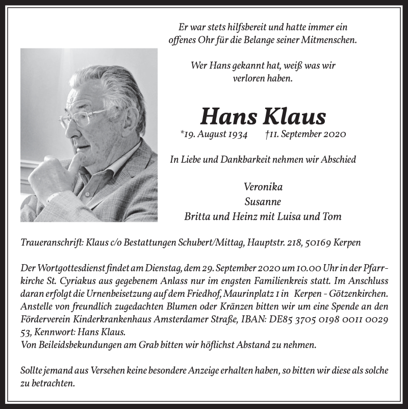  Traueranzeige für Hans Klaus vom 25.09.2020 aus  Werbepost 