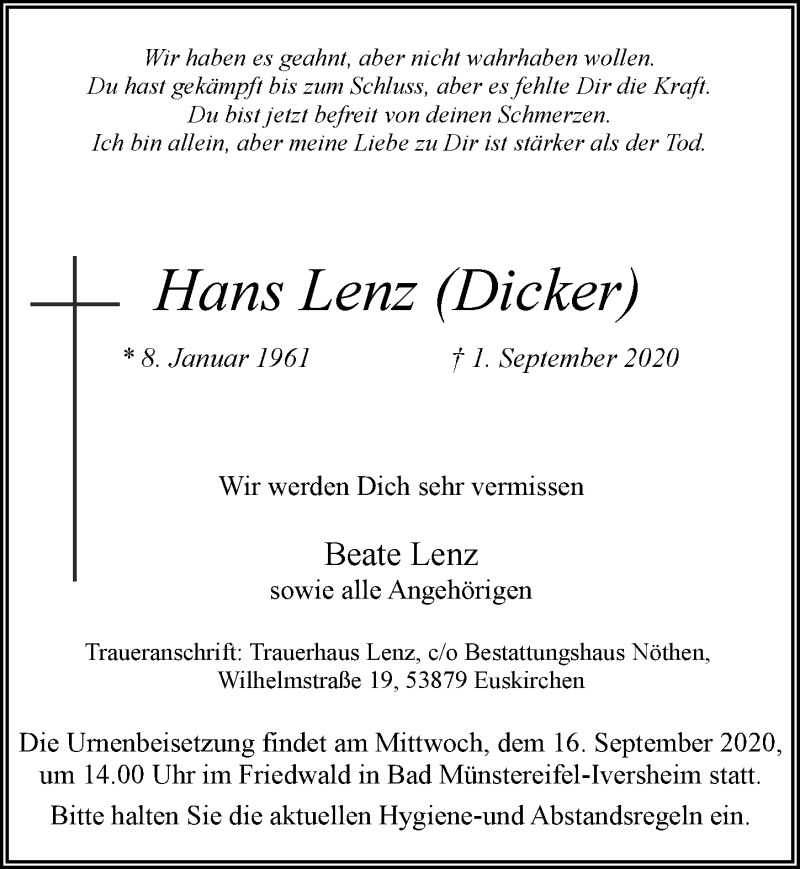  Traueranzeige für Hans Lenz vom 12.09.2020 aus  Blickpunkt Euskirchen 