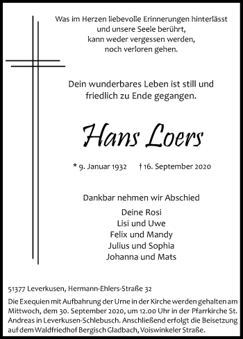 Anzeige von Hans Loers von Kölner Stadt-Anzeiger / Kölnische Rundschau / Express