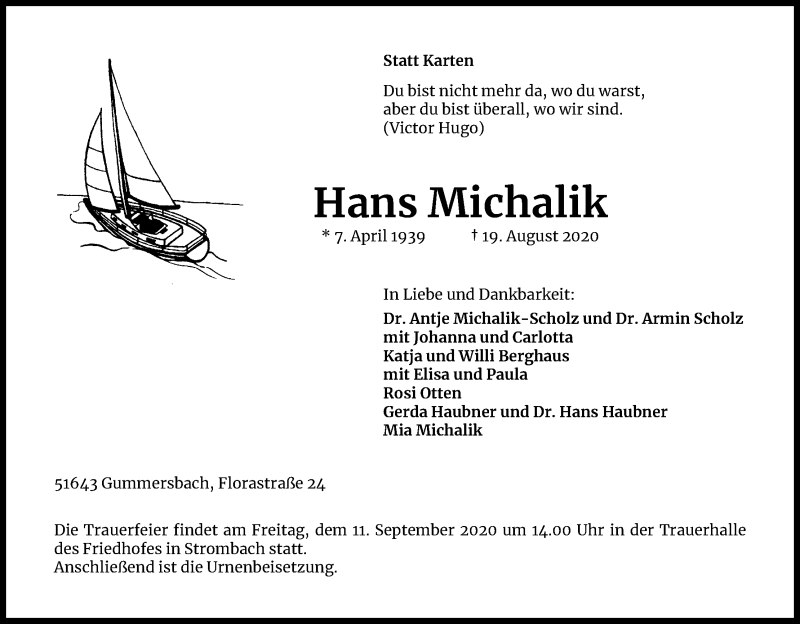 Traueranzeige für Hans Michalik vom 05.09.2020 aus Kölner Stadt-Anzeiger / Kölnische Rundschau / Express